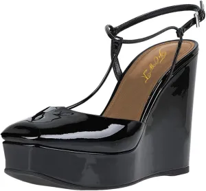 FOWT T Strap Wedge Platform High Heel Pumps for Women Classic Ankle Strap Closed Square Toe Sandals Buckled Slip On Dress Party Prom Backless Shoes Full Size 4-15 M US