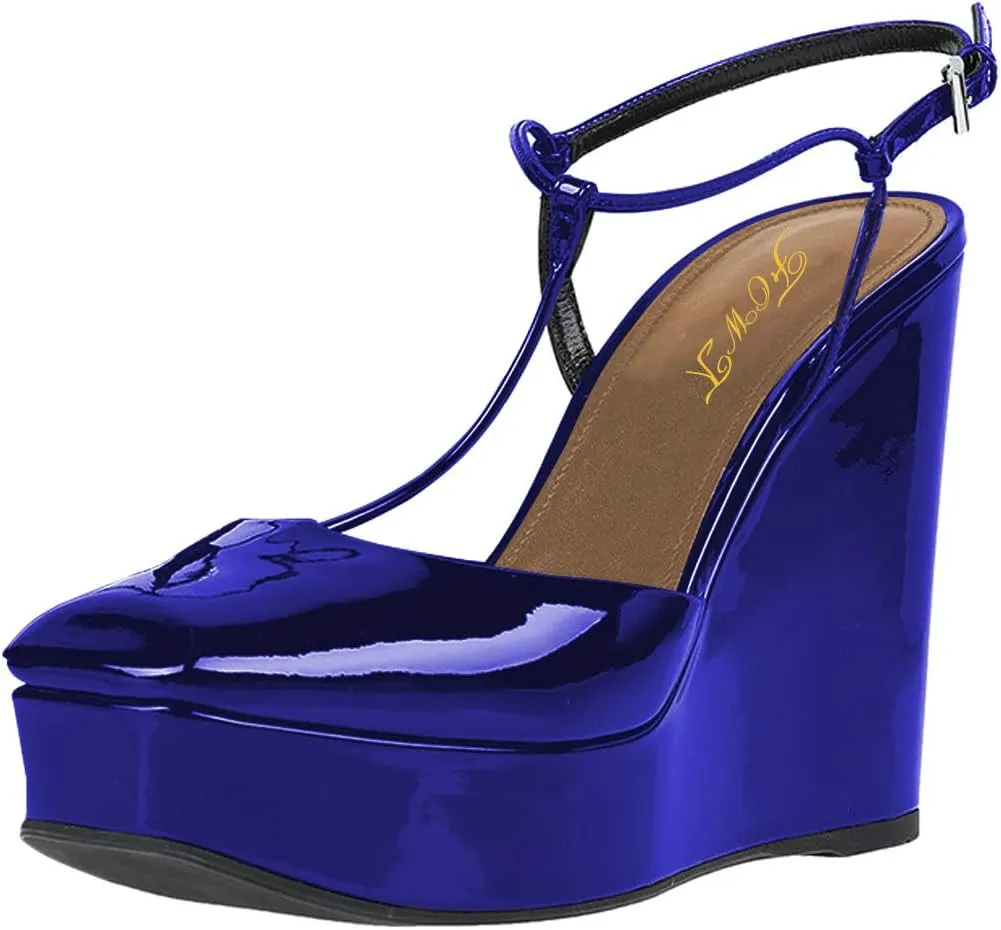 FOWT T Strap Wedge Platform High Heel Pumps for Women Classic Ankle Strap Closed Square Toe Sandals Buckled Slip On Dress Party Prom Backless Shoes Full Size 4-15 M US