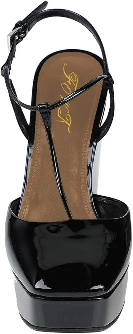 FOWT T Strap Wedge Platform High Heel Pumps for Women Classic Ankle Strap Closed Square Toe Sandals Buckled Slip On Dress Party Prom Backless Shoes Full Size 4-15 M US