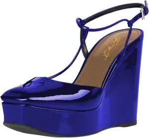 FOWT T Strap Wedge Platform High Heel Pumps for Women Classic Ankle Strap Closed Square Toe Sandals Buckled Slip On Dress Party Prom Backless Shoes Full Size 4-15 M US