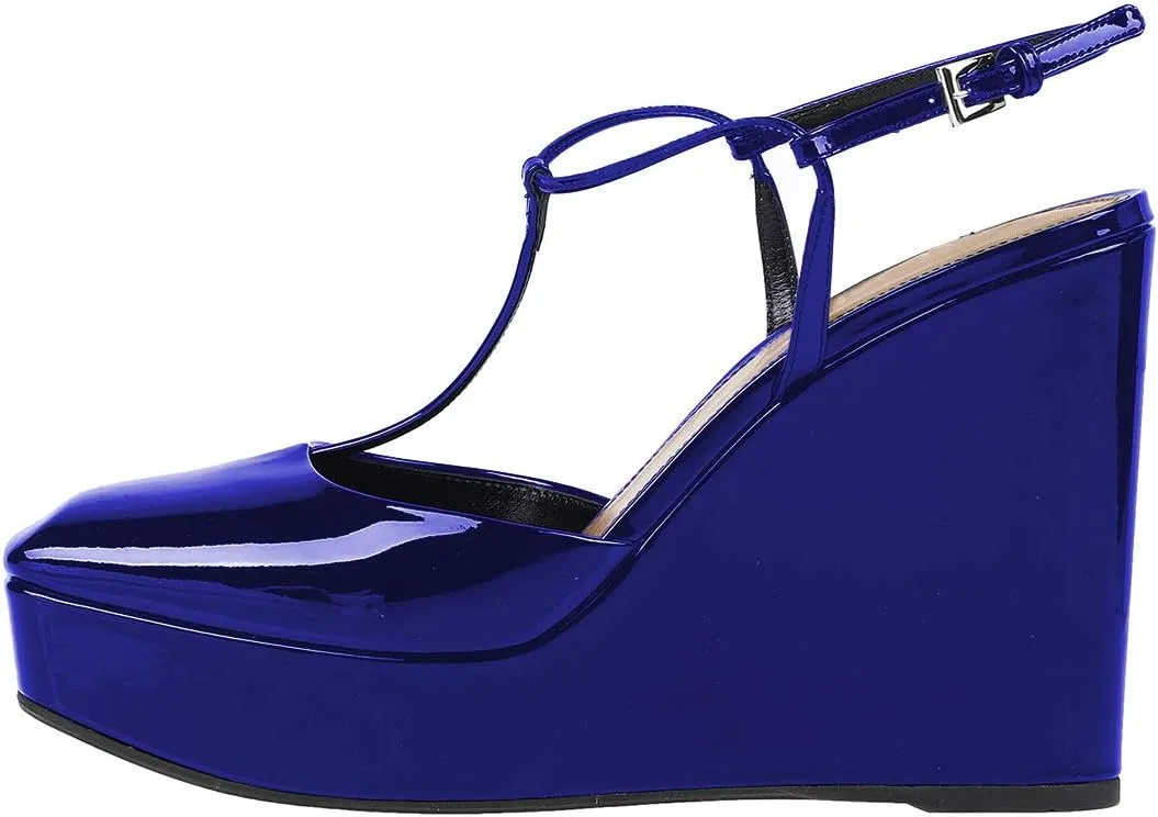 FOWT T Strap Wedge Platform High Heel Pumps for Women Classic Ankle Strap Closed Square Toe Sandals Buckled Slip On Dress Party Prom Backless Shoes Full Size 4-15 M US