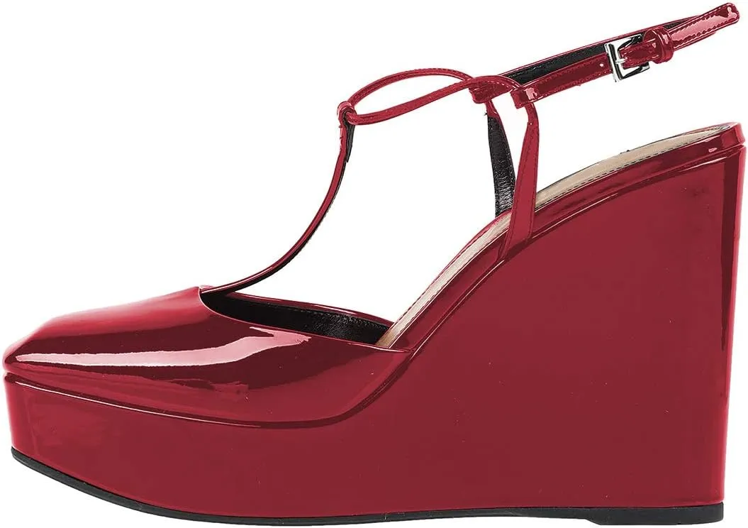 FOWT T Strap Wedge Platform High Heel Pumps for Women Classic Ankle Strap Closed Square Toe Sandals Buckled Slip On Dress Party Prom Backless Shoes Full Size 4-15 M US