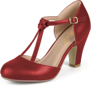 FOWT Women T-Strap Mid Kitten Heel D'Orsay Pumps Round Toe Slim Ankle Strap Buckled Dress Party Prom Shoes Size 4-15 M US