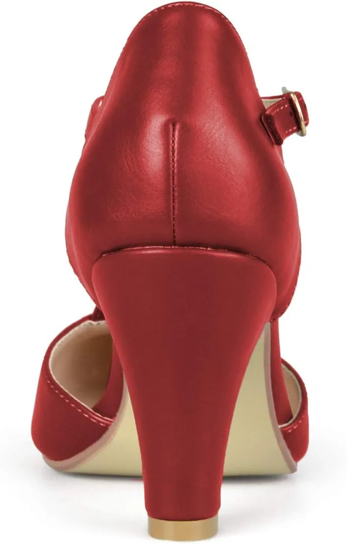 FOWT Women T-Strap Mid Kitten Heel D'Orsay Pumps Round Toe Slim Ankle Strap Buckled Dress Party Prom Shoes Size 4-15 M US