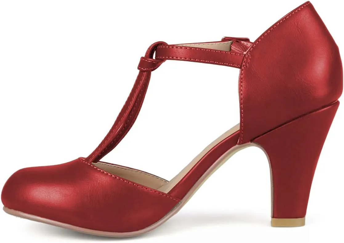 FOWT Women T-Strap Mid Kitten Heel D'Orsay Pumps Round Toe Slim Ankle Strap Buckled Dress Party Prom Shoes Size 4-15 M US