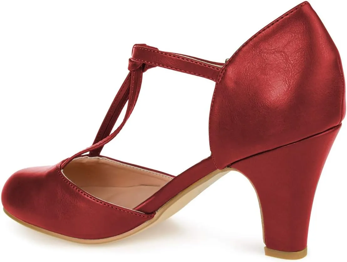 FOWT Women T-Strap Mid Kitten Heel D'Orsay Pumps Round Toe Slim Ankle Strap Buckled Dress Party Prom Shoes Size 4-15 M US