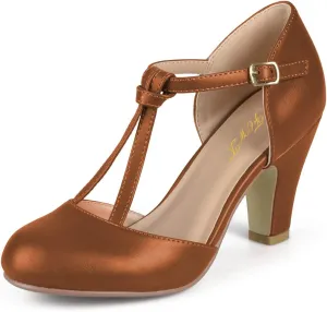 FOWT Women T-Strap Mid Kitten Heel D'Orsay Pumps Round Toe Slim Ankle Strap Buckled Dress Party Prom Shoes Size 4-15 M US