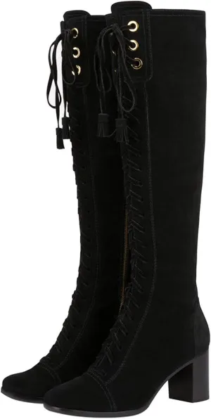 FOWT Women Vintage Knee High Chunky Block Heel Boots Lace-up Tasseled Calf-High Booties Suede Round Closed Toe Side Zipper Stacked Fall Winter Dress Shoes for Ladies Cowgirl Party Size 4-15