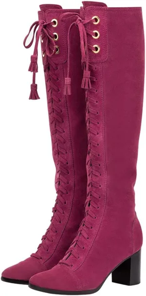 FOWT Women Vintage Knee High Chunky Block Heel Boots Lace-up Tasseled Calf-High Booties Suede Round Closed Toe Side Zipper Stacked Fall Winter Dress Shoes for Ladies Cowgirl Party Size 4-15