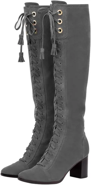 FOWT Women Vintage Knee High Chunky Block Heel Boots Lace-up Tasseled Calf-High Booties Suede Round Closed Toe Side Zipper Stacked Fall Winter Dress Shoes for Ladies Cowgirl Party Size 4-15