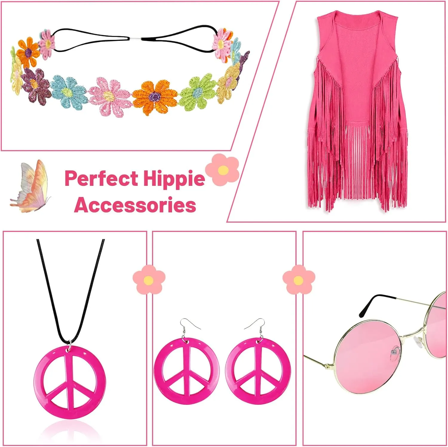 FunMular 60s 70s Outfits for Women Disco Hippie Costume Clothes Woman Peace Sign Earring Headband Fringe Vest Tassel Cardigan