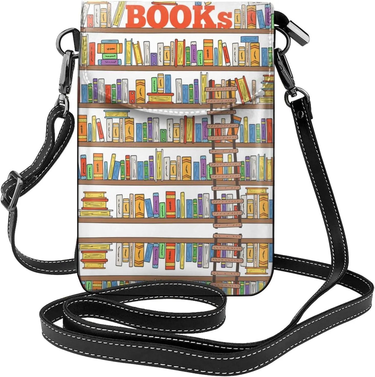 Funny Book Shelves Collection And Ladder Crossbody Bag For Women Leather Cellphone Shoulder Purses Fashion Travel Designer Wallet, Black