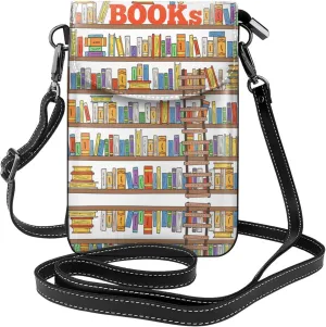 Funny Book Shelves Collection And Ladder Crossbody Bag For Women Leather Cellphone Shoulder Purses Fashion Travel Designer Wallet, Black