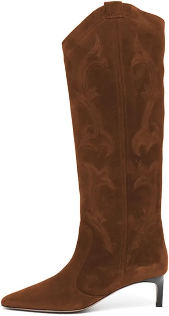 FYS Women Square Toe Knee High Boots Embroidered Kitten Low Heel Western Boots Casual Street Daily Shoes Size 4-16 US