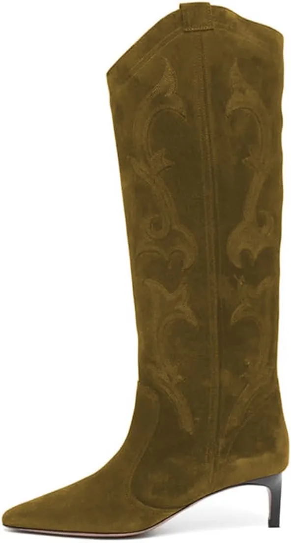 FYS Women Square Toe Knee High Boots Embroidered Kitten Low Heel Western Boots Casual Street Daily Shoes Size 4-16 US