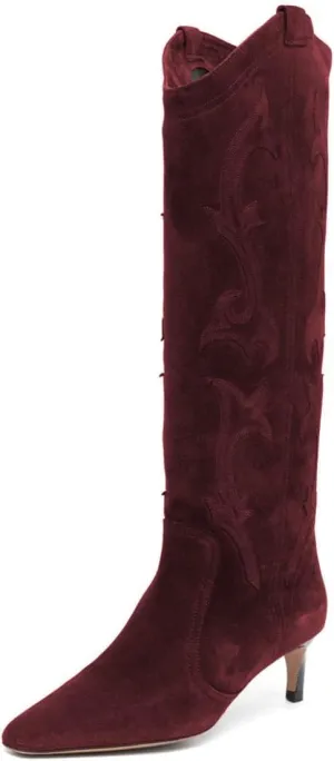 FYS Women Square Toe Knee High Boots Embroidered Kitten Low Heel Western Boots Casual Street Daily Shoes Size 4-16 US