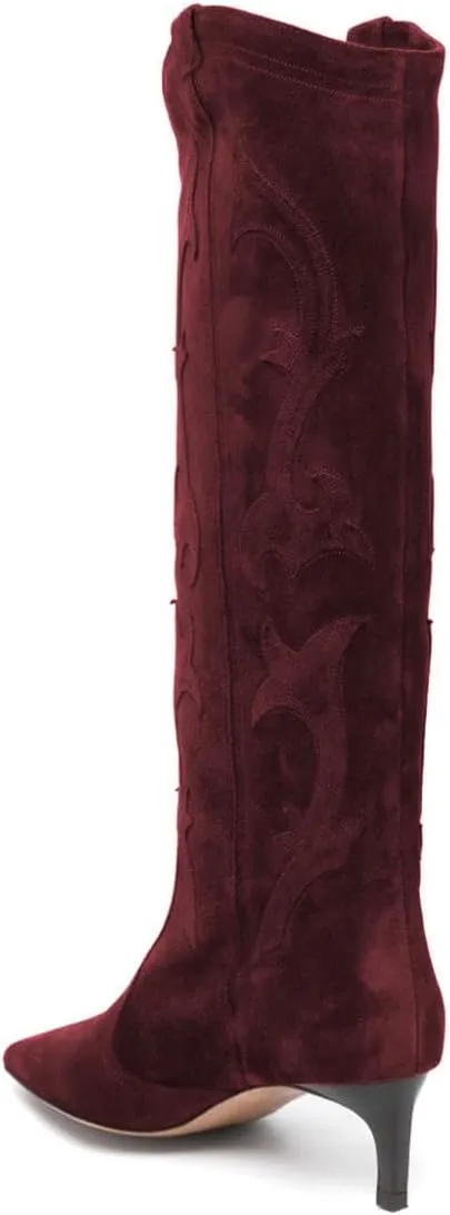 FYS Women Square Toe Knee High Boots Embroidered Kitten Low Heel Western Boots Casual Street Daily Shoes Size 4-16 US