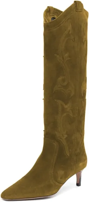FYS Women Square Toe Knee High Boots Embroidered Kitten Low Heel Western Boots Casual Street Daily Shoes Size 4-16 US