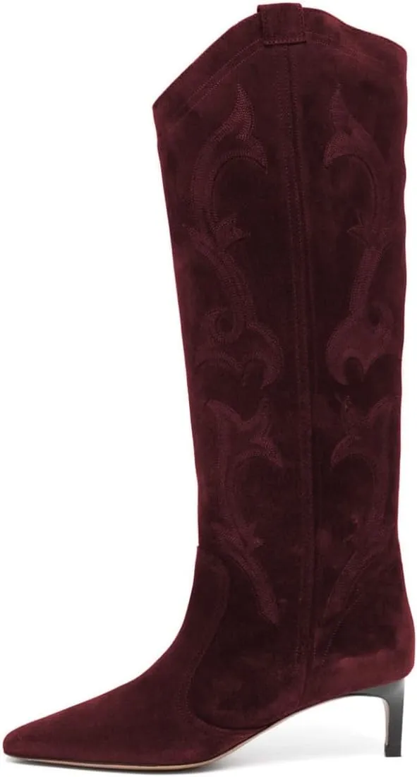 FYS Women Square Toe Knee High Boots Embroidered Kitten Low Heel Western Boots Casual Street Daily Shoes Size 4-16 US