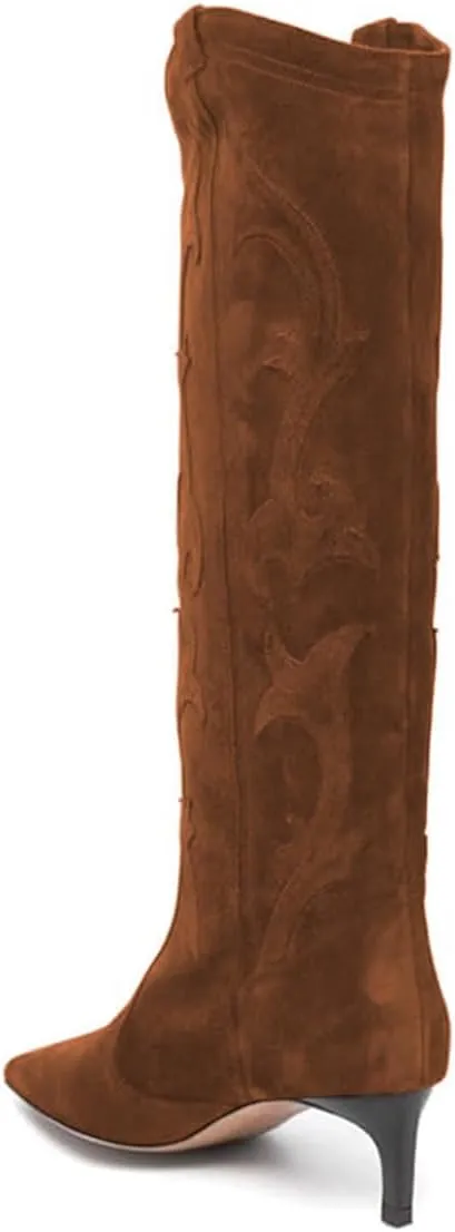 FYS Women Square Toe Knee High Boots Embroidered Kitten Low Heel Western Boots Casual Street Daily Shoes Size 4-16 US