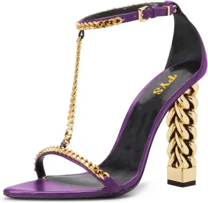FYS Women Stylish Chain T-Strap Sandals Open Toe Gold Metal Chunky High Heel Ankle Strap Pumps with Buckled Dress Prom Party Shoes Size 4-15 US