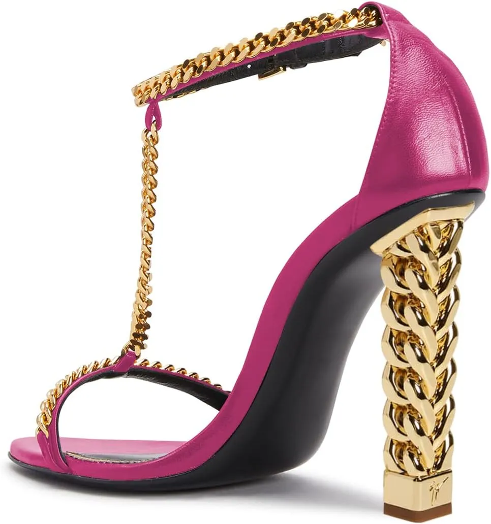 FYS Women Stylish Chain T-Strap Sandals Open Toe Gold Metal Chunky High Heel Ankle Strap Pumps with Buckled Dress Prom Party Shoes Size 4-15 US