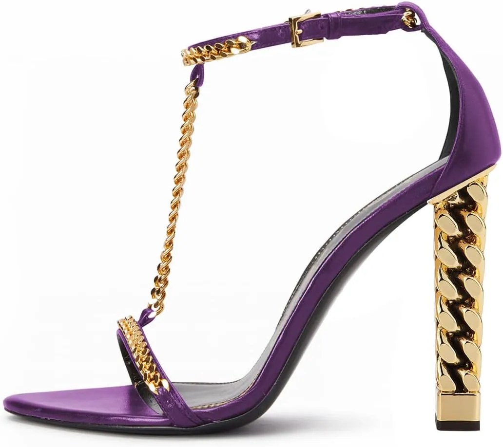 FYS Women Stylish Chain T-Strap Sandals Open Toe Gold Metal Chunky High Heel Ankle Strap Pumps with Buckled Dress Prom Party Shoes Size 4-15 US