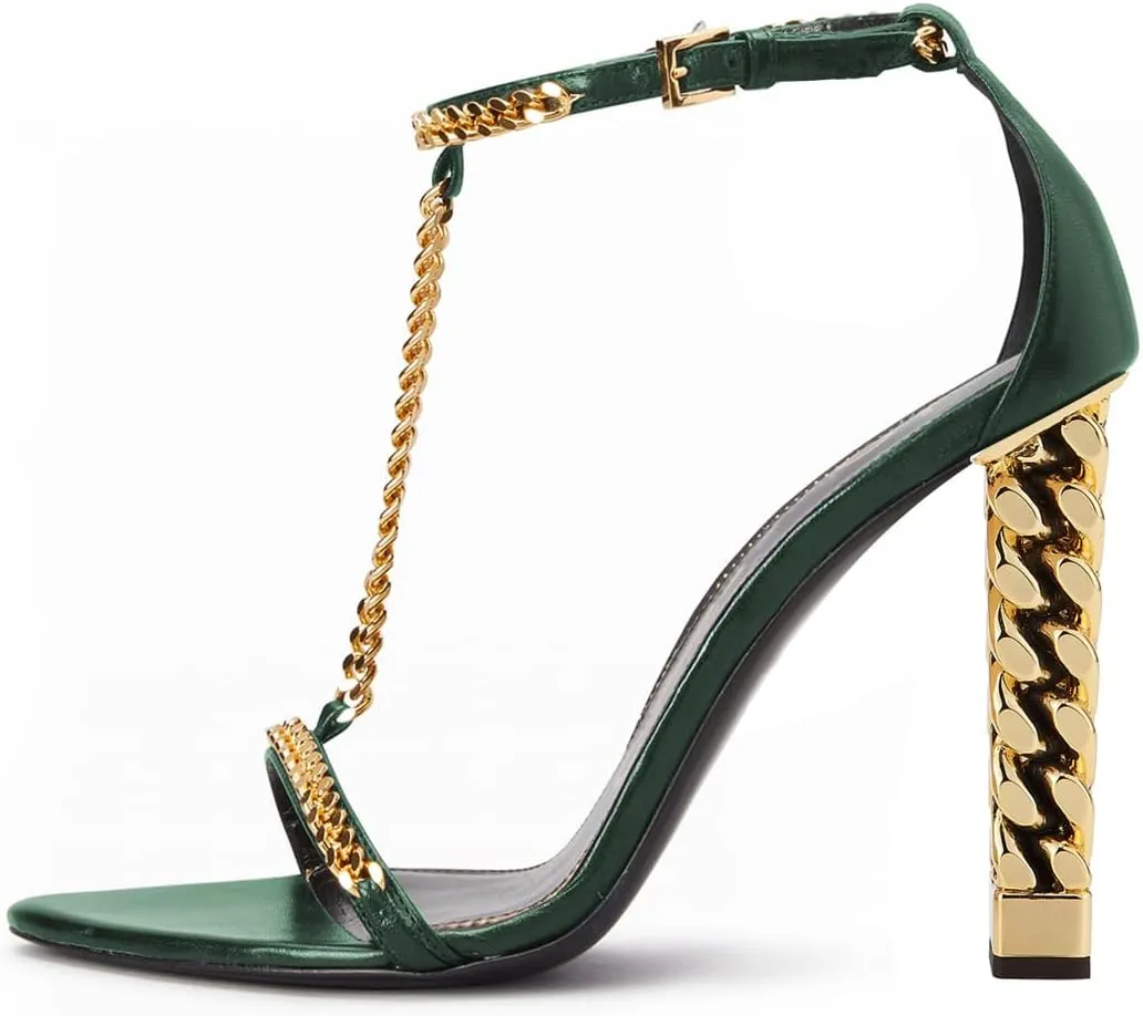 FYS Women Stylish Chain T-Strap Sandals Open Toe Gold Metal Chunky High Heel Ankle Strap Pumps with Buckled Dress Prom Party Shoes Size 4-15 US