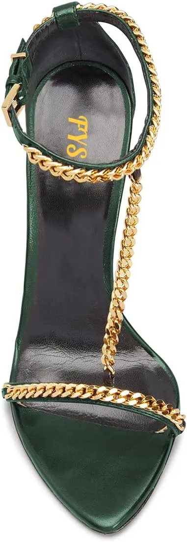 FYS Women Stylish Chain T-Strap Sandals Open Toe Gold Metal Chunky High Heel Ankle Strap Pumps with Buckled Dress Prom Party Shoes Size 4-15 US