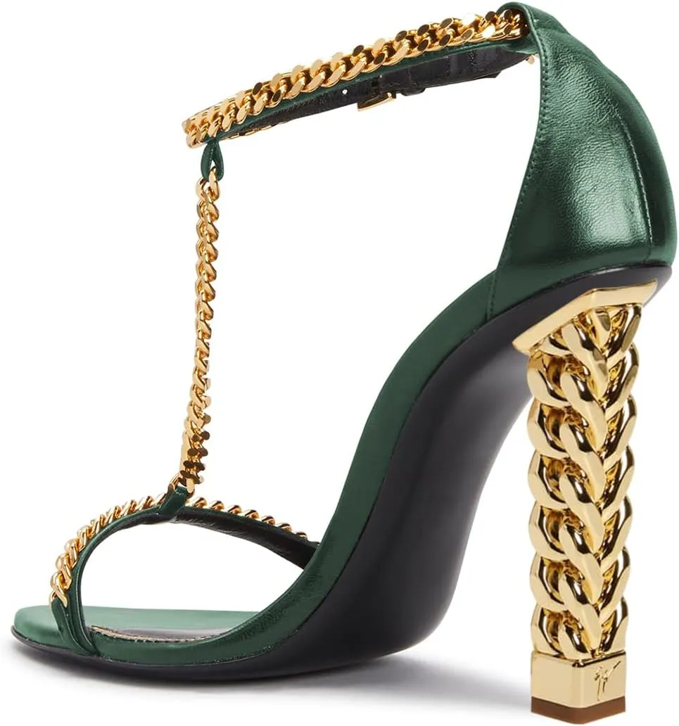 FYS Women Stylish Chain T-Strap Sandals Open Toe Gold Metal Chunky High Heel Ankle Strap Pumps with Buckled Dress Prom Party Shoes Size 4-15 US