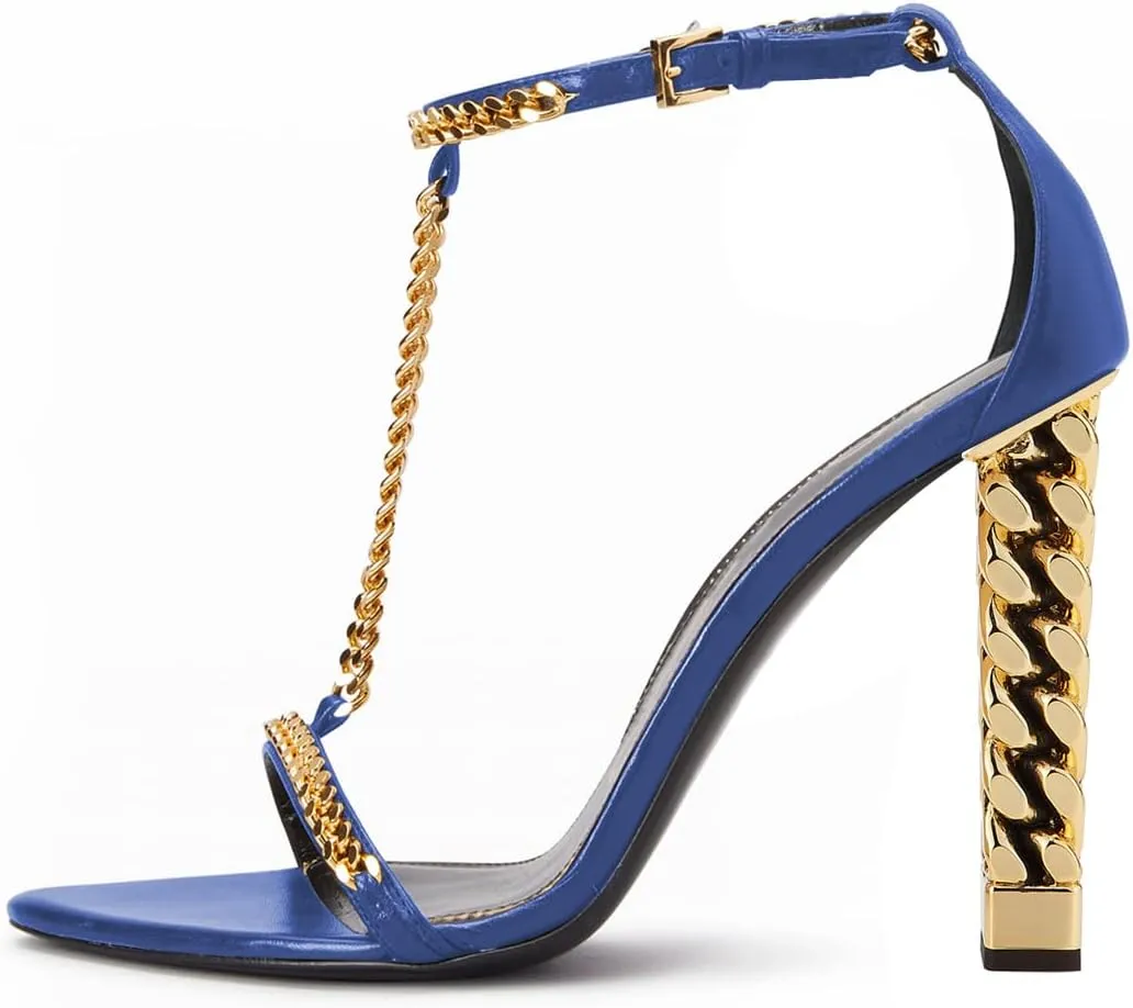 FYS Women Stylish Chain T-Strap Sandals Open Toe Gold Metal Chunky High Heel Ankle Strap Pumps with Buckled Dress Prom Party Shoes Size 4-15 US