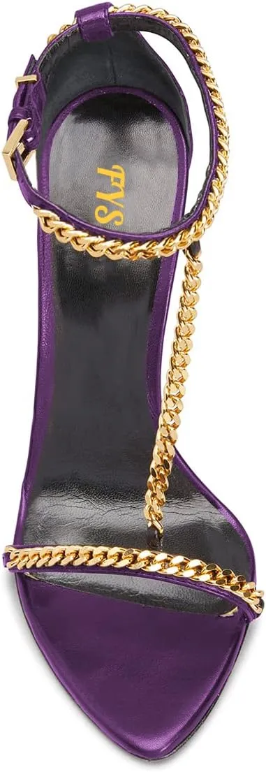 FYS Women Stylish Chain T-Strap Sandals Open Toe Gold Metal Chunky High Heel Ankle Strap Pumps with Buckled Dress Prom Party Shoes Size 4-15 US