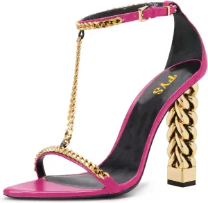 FYS Women Stylish Chain T-Strap Sandals Open Toe Gold Metal Chunky High Heel Ankle Strap Pumps with Buckled Dress Prom Party Shoes Size 4-15 US