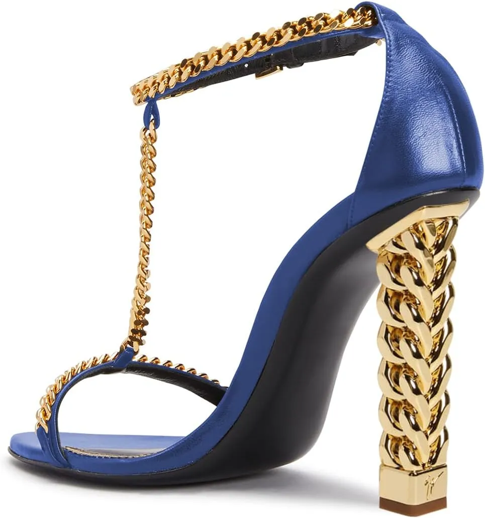 FYS Women Stylish Chain T-Strap Sandals Open Toe Gold Metal Chunky High Heel Ankle Strap Pumps with Buckled Dress Prom Party Shoes Size 4-15 US