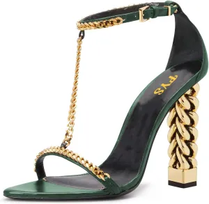 FYS Women Stylish Chain T-Strap Sandals Open Toe Gold Metal Chunky High Heel Ankle Strap Pumps with Buckled Dress Prom Party Shoes Size 4-15 US