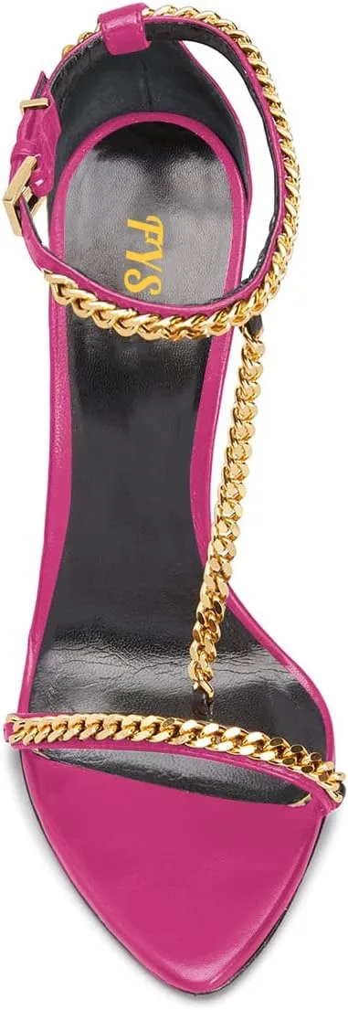 FYS Women Stylish Chain T-Strap Sandals Open Toe Gold Metal Chunky High Heel Ankle Strap Pumps with Buckled Dress Prom Party Shoes Size 4-15 US