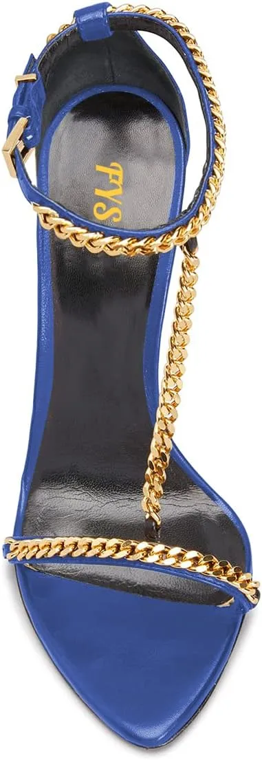 FYS Women Stylish Chain T-Strap Sandals Open Toe Gold Metal Chunky High Heel Ankle Strap Pumps with Buckled Dress Prom Party Shoes Size 4-15 US