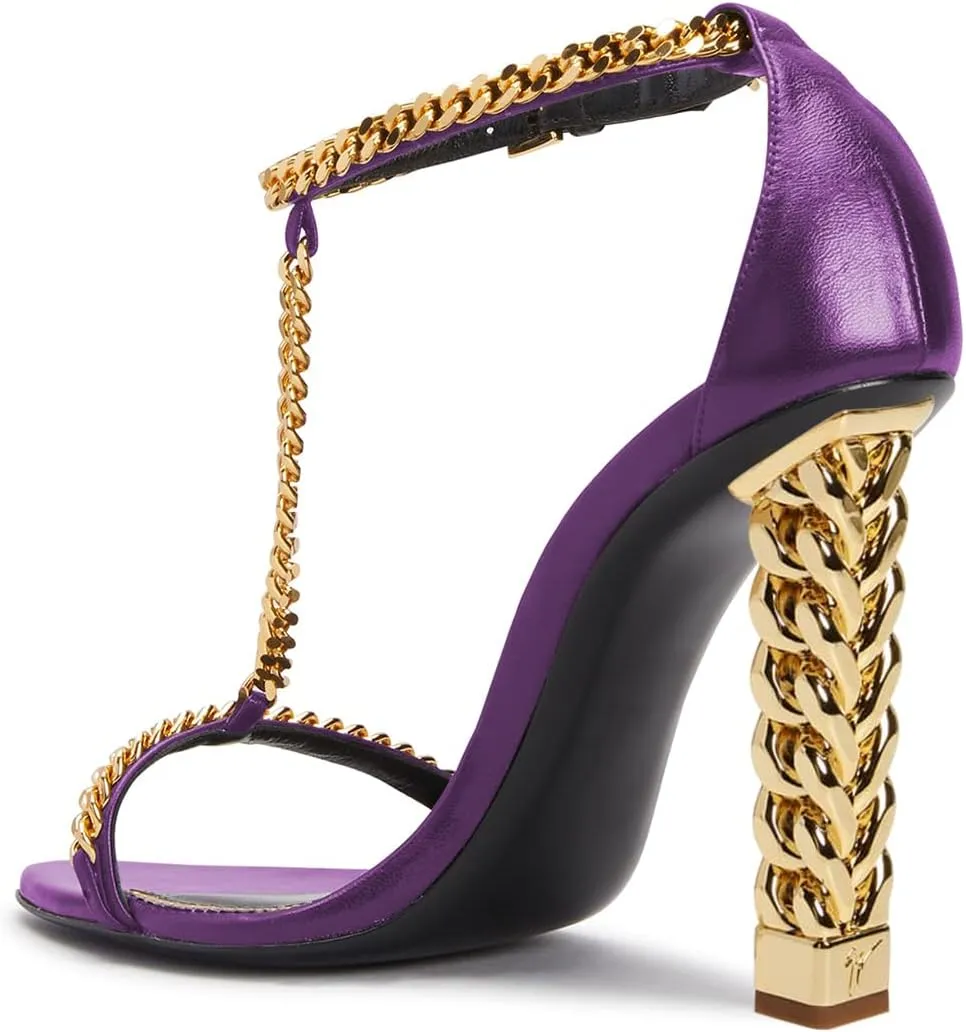 FYS Women Stylish Chain T-Strap Sandals Open Toe Gold Metal Chunky High Heel Ankle Strap Pumps with Buckled Dress Prom Party Shoes Size 4-15 US