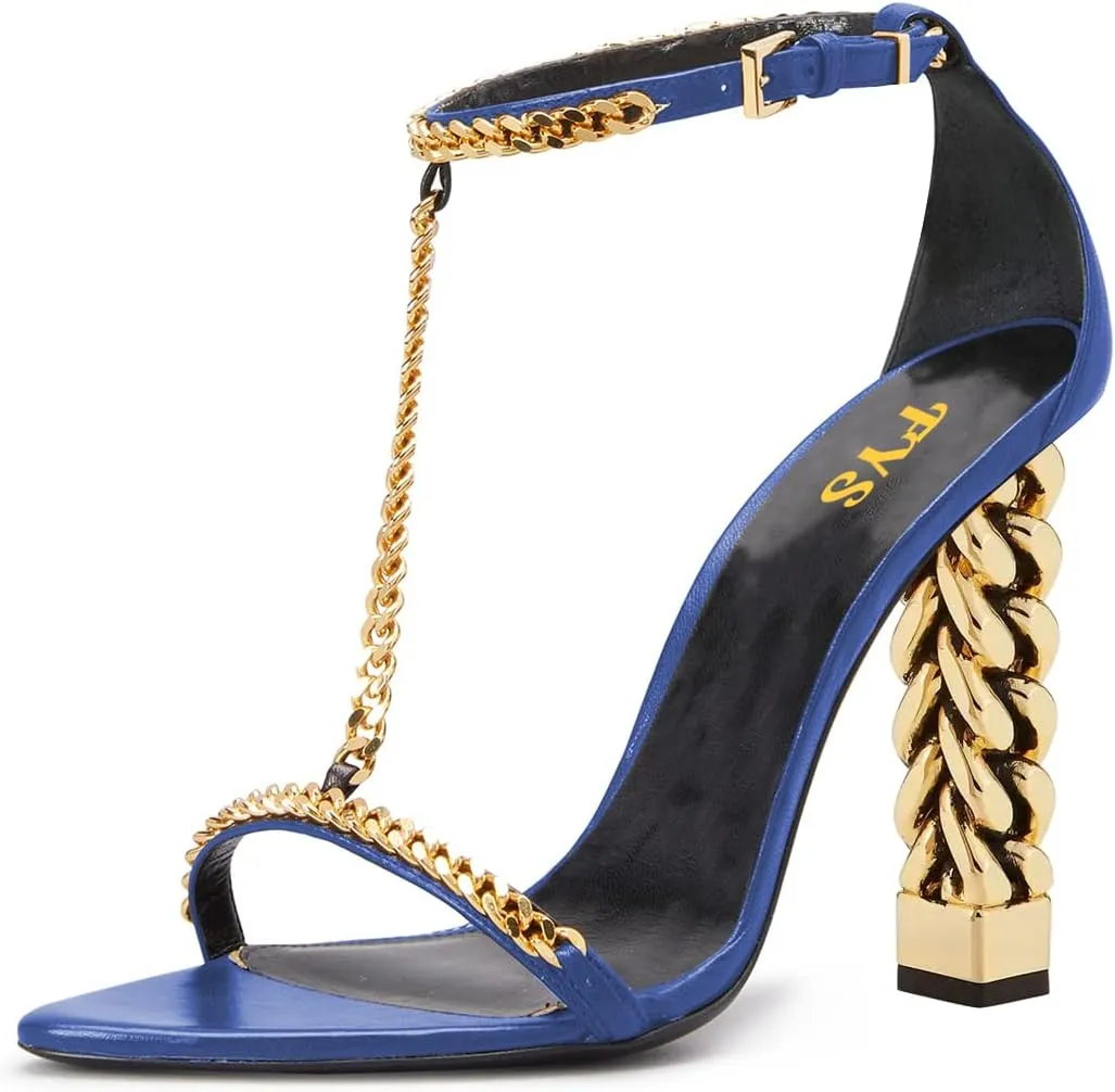 FYS Women Stylish Chain T-Strap Sandals Open Toe Gold Metal Chunky High Heel Ankle Strap Pumps with Buckled Dress Prom Party Shoes Size 4-15 US