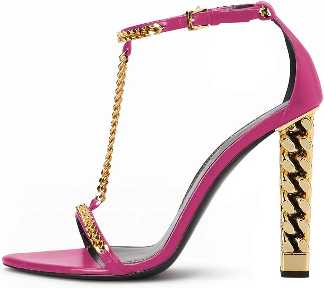 FYS Women Stylish Chain T-Strap Sandals Open Toe Gold Metal Chunky High Heel Ankle Strap Pumps with Buckled Dress Prom Party Shoes Size 4-15 US