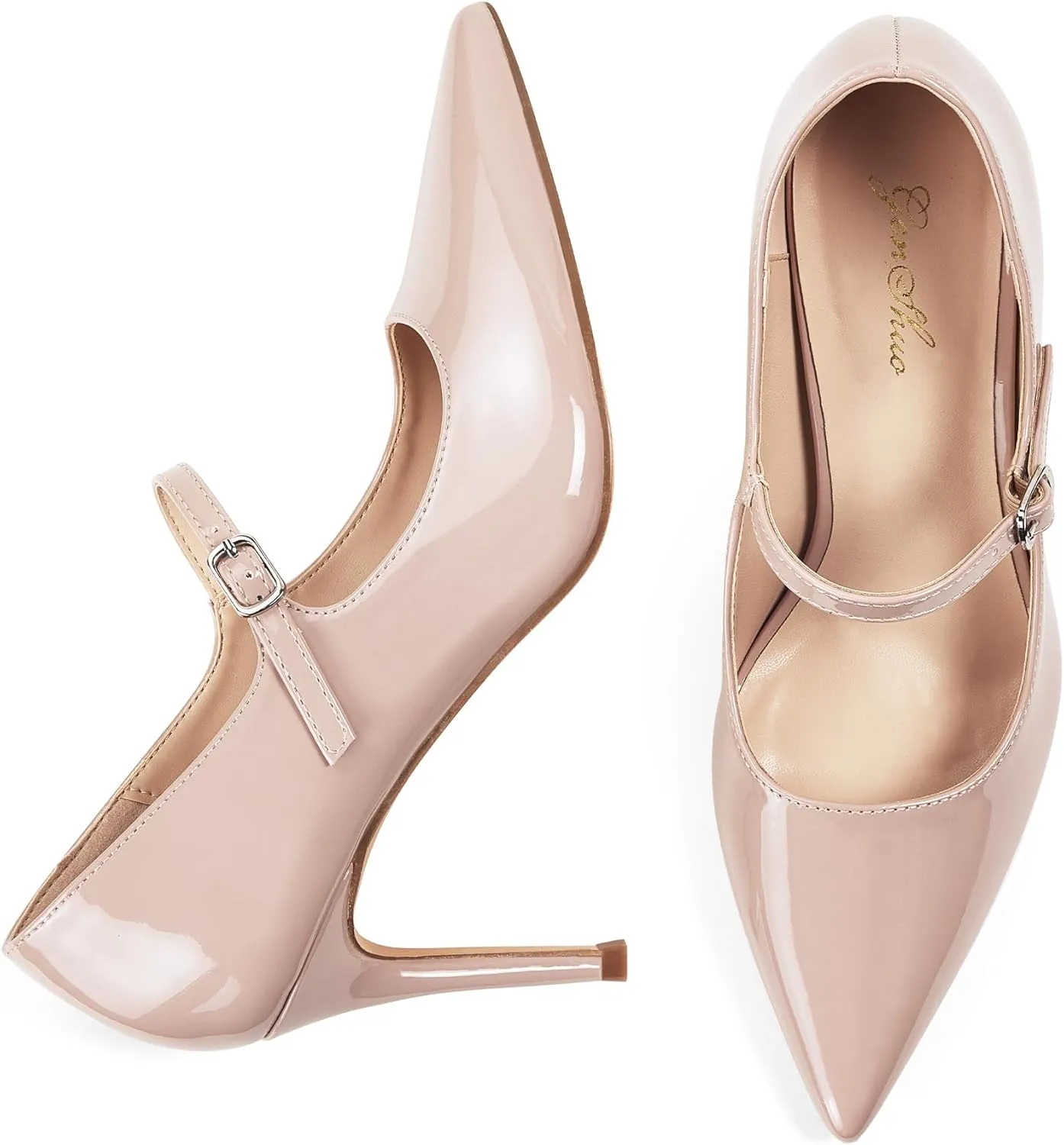 GENSHUO Women Mary Jane Pumps High Heels Pointed Closed Toe Stiletto with Strap Comfortable Vintage 3.2 Inch Office Wedding Dance Party Dress Shoes