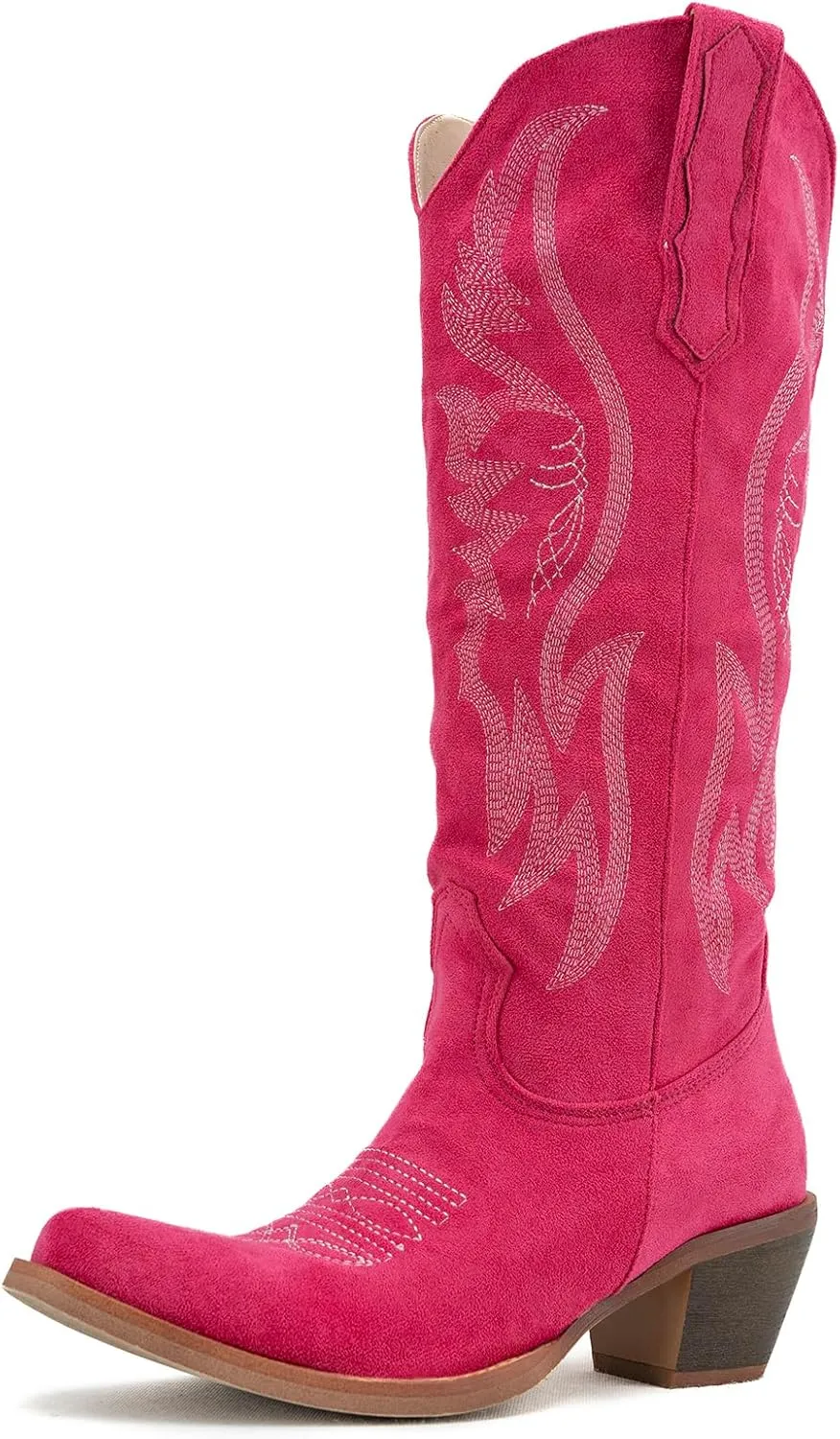 GORBINETI Women’s Western Cowboy Boots Embroidered Suede Mid Calf Pointed Toe Cowgirl Knee High Heel Boots Pull On Chunky Black