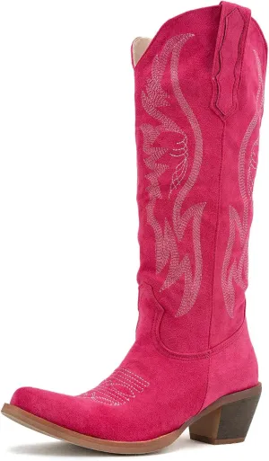 GORBINETI Women’s Western Cowboy Boots Embroidered Suede Mid Calf Pointed Toe Cowgirl Knee High Heel Boots Pull On Chunky Black