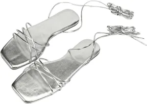 GORGLITTER Women's Metallic Strappy Lace Up Sandals Open Toe Tie Up Flat Sandals
