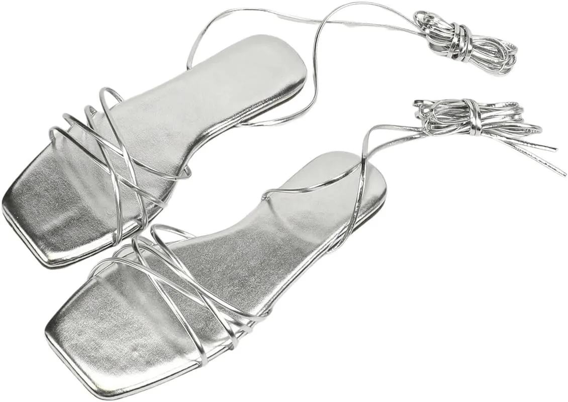 GORGLITTER Women's Metallic Strappy Lace Up Sandals Open Toe Tie Up Flat Sandals