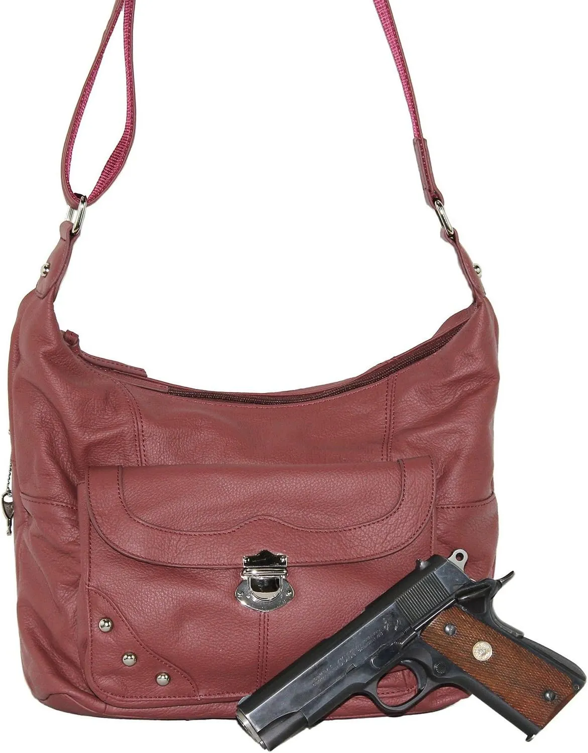Goson Leather Concealed Gun Carrying Handbag Purse Buckled Front Pocket with Silver Studs