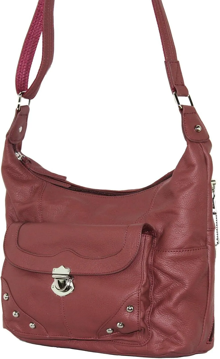 Goson Leather Concealed Gun Carrying Handbag Purse Buckled Front Pocket with Silver Studs