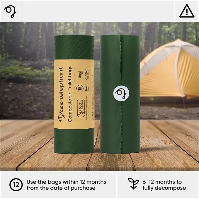 Green Elephant Portable Toilet Bags - Camping Toilet Bags, Camping Potty Bags, Camping Poop Bags for People, Toilet Waste Bags for 5 Gallon Bucket, Camp Toilet Bag, 15 count, 8 gal, 1 mil (1 pack)