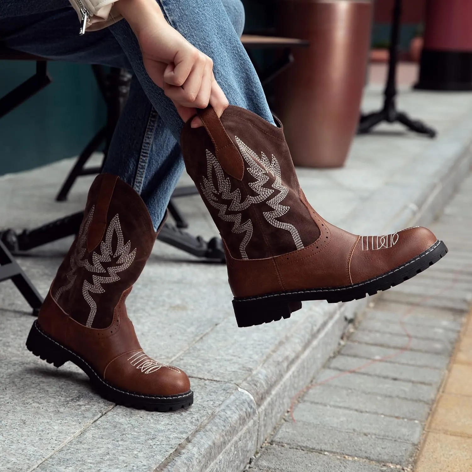 Hawkwell Women's Mid Calf Western Cowboy Cowgirl Boot Round Toe Embroidered Fashion Boots
