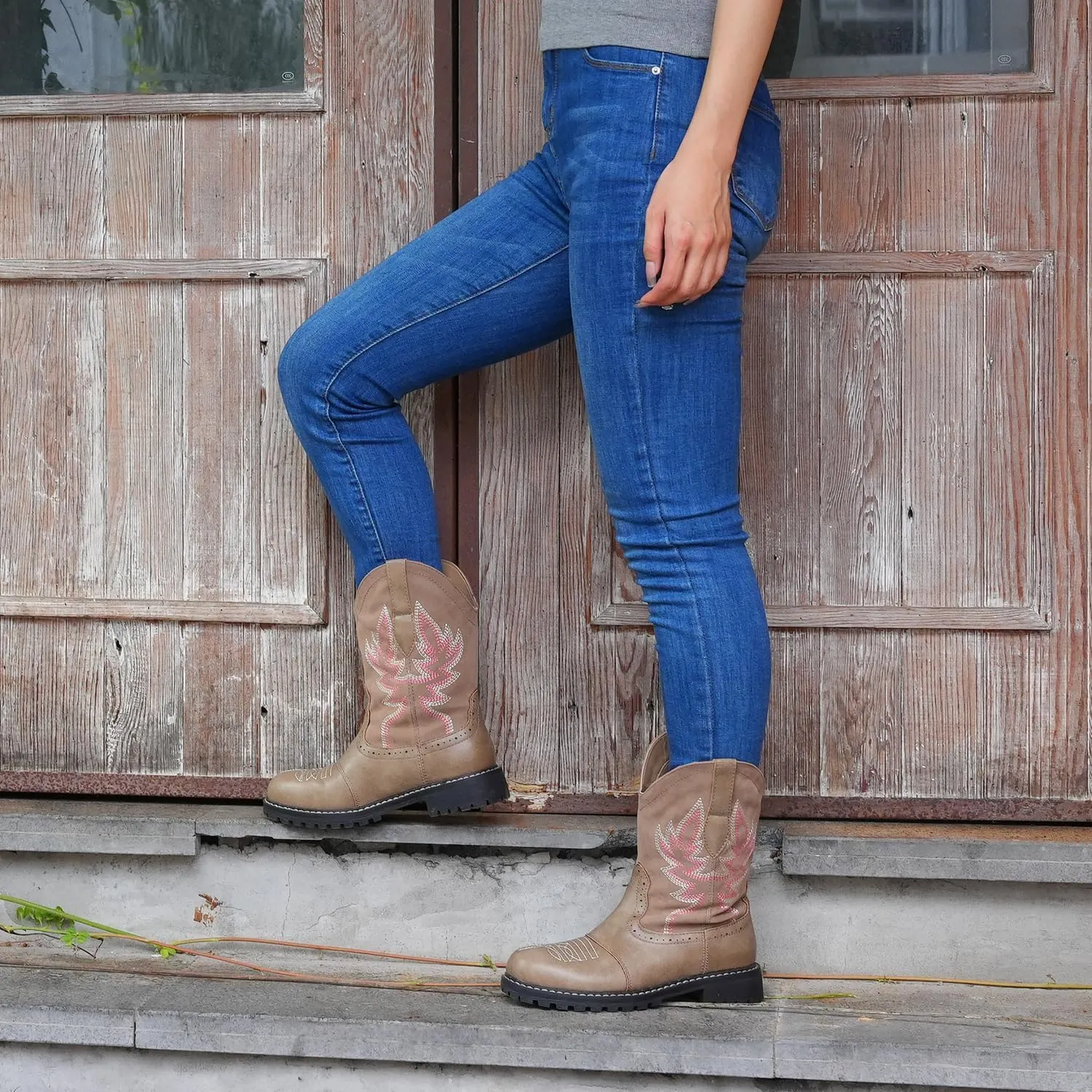 Hawkwell Women's Mid Calf Western Cowboy Cowgirl Boot Round Toe Embroidered Fashion Boots